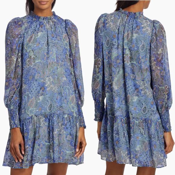 MARIE OLIVER Irena Mini Dress Size Large Silk Metallic Ruffle Smocked Boho Chic - Picture 2 of 15